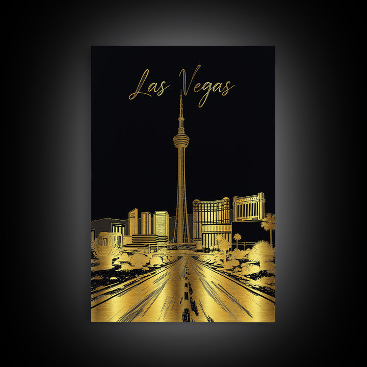 Las Vegas Travel Poster, Framed Canvas Print, Gold Sketch Wall Art, Las Vegas Art Print, Modern Wall Decor, Watercolor Cityscape