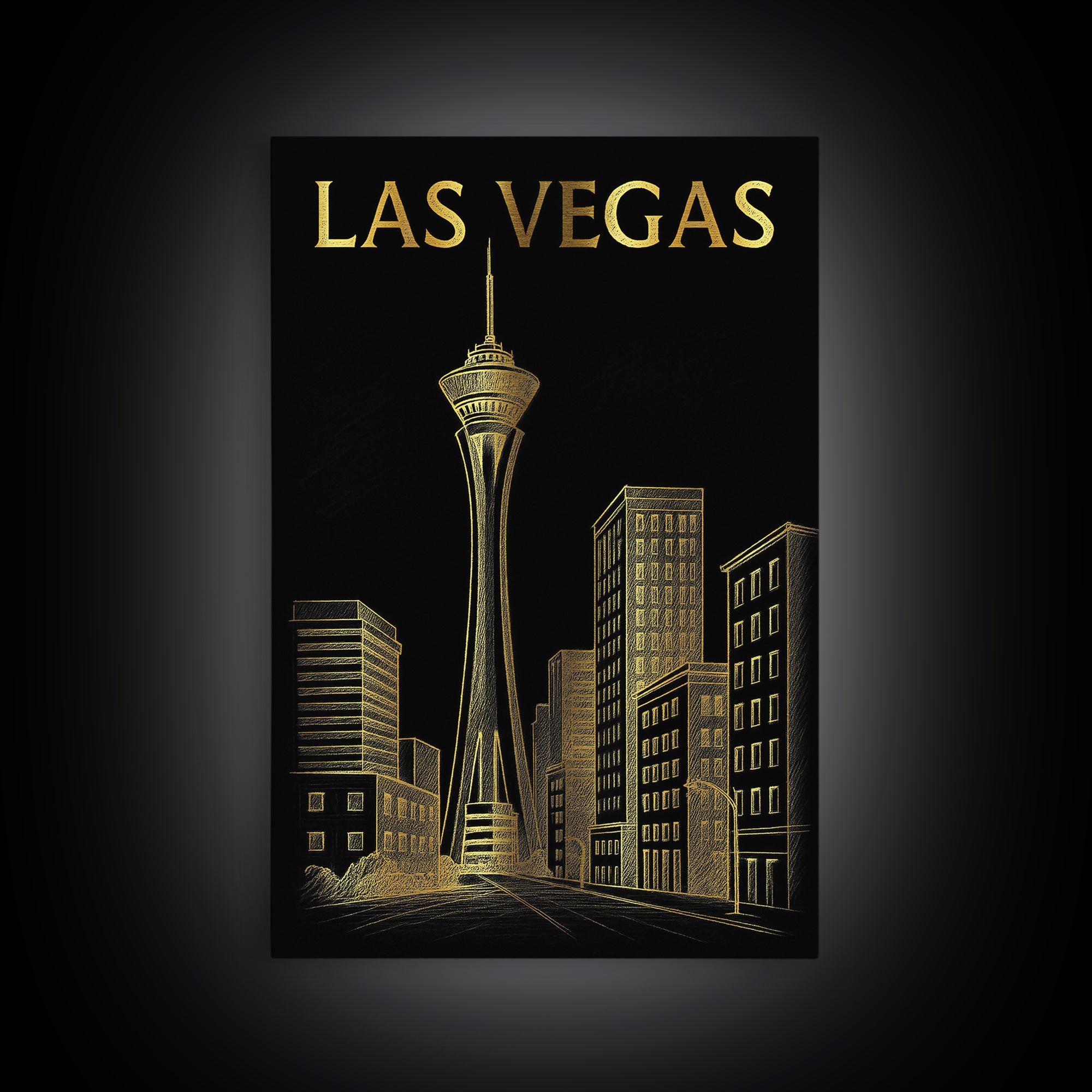Las Vegas Travel Poster, Framed Canvas Print, Elegant Gold City Art, Las Vegas Travel Art, Gift For Travelers, Fine Art Print, Design 3
