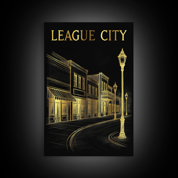 League City Texas Travel Poster, Canvas Print, Dark Background Poster Art, League City Poster Print, Mid Century Wall Art, Fine Art Print