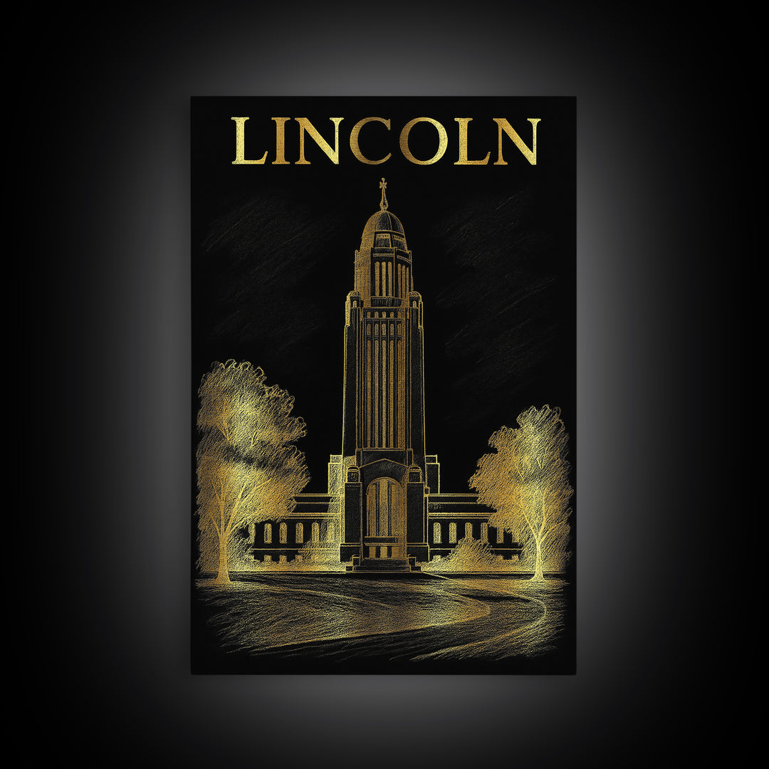 Lincoln Nebraska Travel Poster, Framed Canvas Print, Gold Sketch Wall Art, Lincoln Poster Print, Mid Century Wall Art, City Illustration