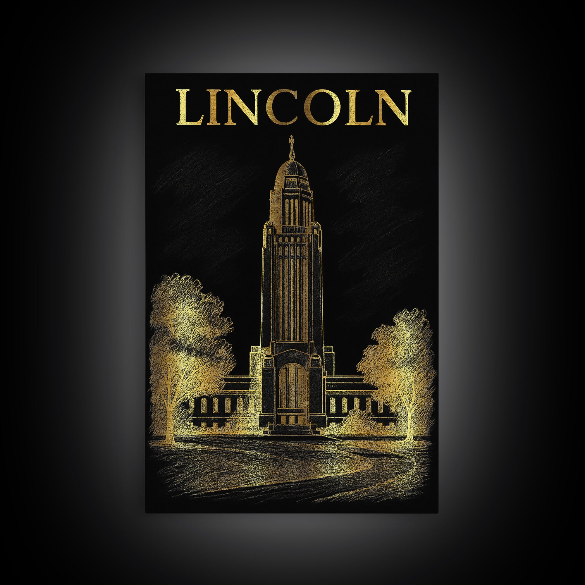 Lincoln Nebraska Travel Poster, Framed Canvas Print, Gold Sketch Wall Art, Lincoln Poster Print, Mid Century Wall Art, City Illustration
