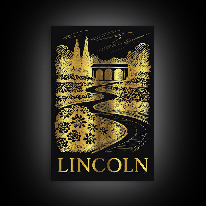 Lincoln Travel Poster, Canvas Print, Elegant Gold City Art, Lincoln City Art, Vintage City Poster, Gift For Travelers, Vintage City Art