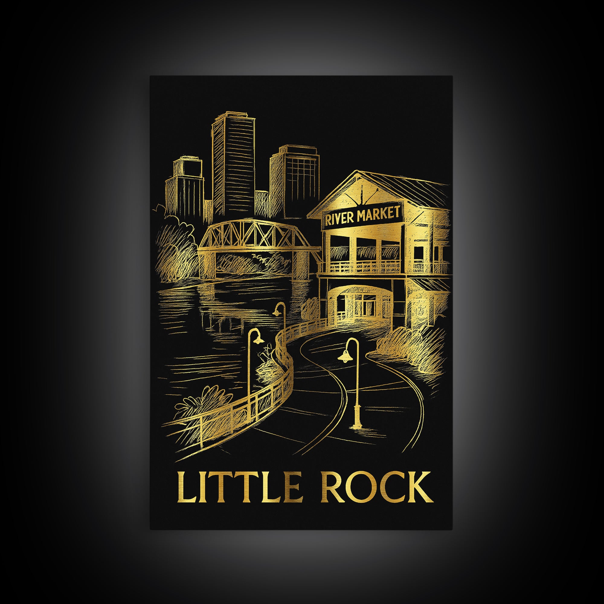 Little Rock Travel Poster, Framed Canvas Print, Gold Sketch Wall Art, Little Rock Wall Art, Retro Travel Print, Watercolor Skyline