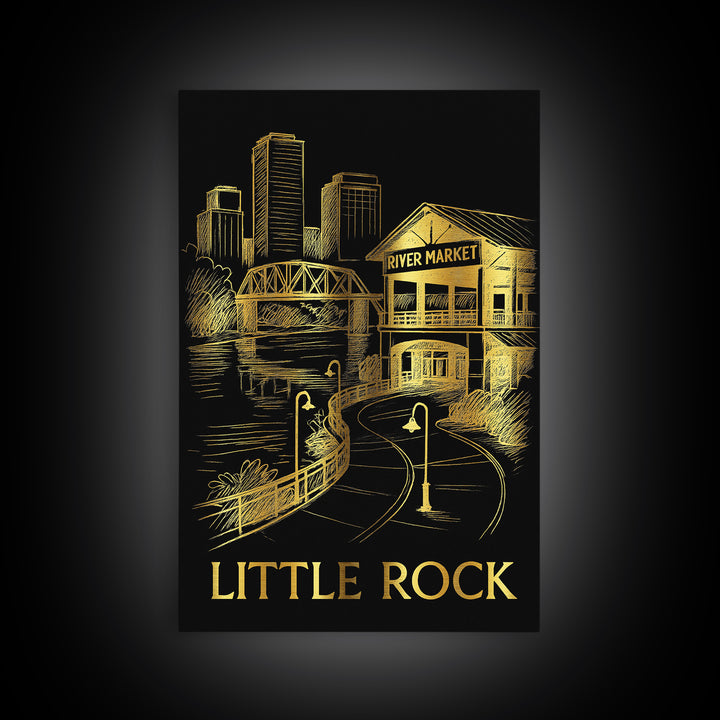 Little Rock Travel Poster, Framed Canvas Print, Gold Sketch Wall Art, Little Rock Wall Art, Retro Travel Print, Watercolor Skyline