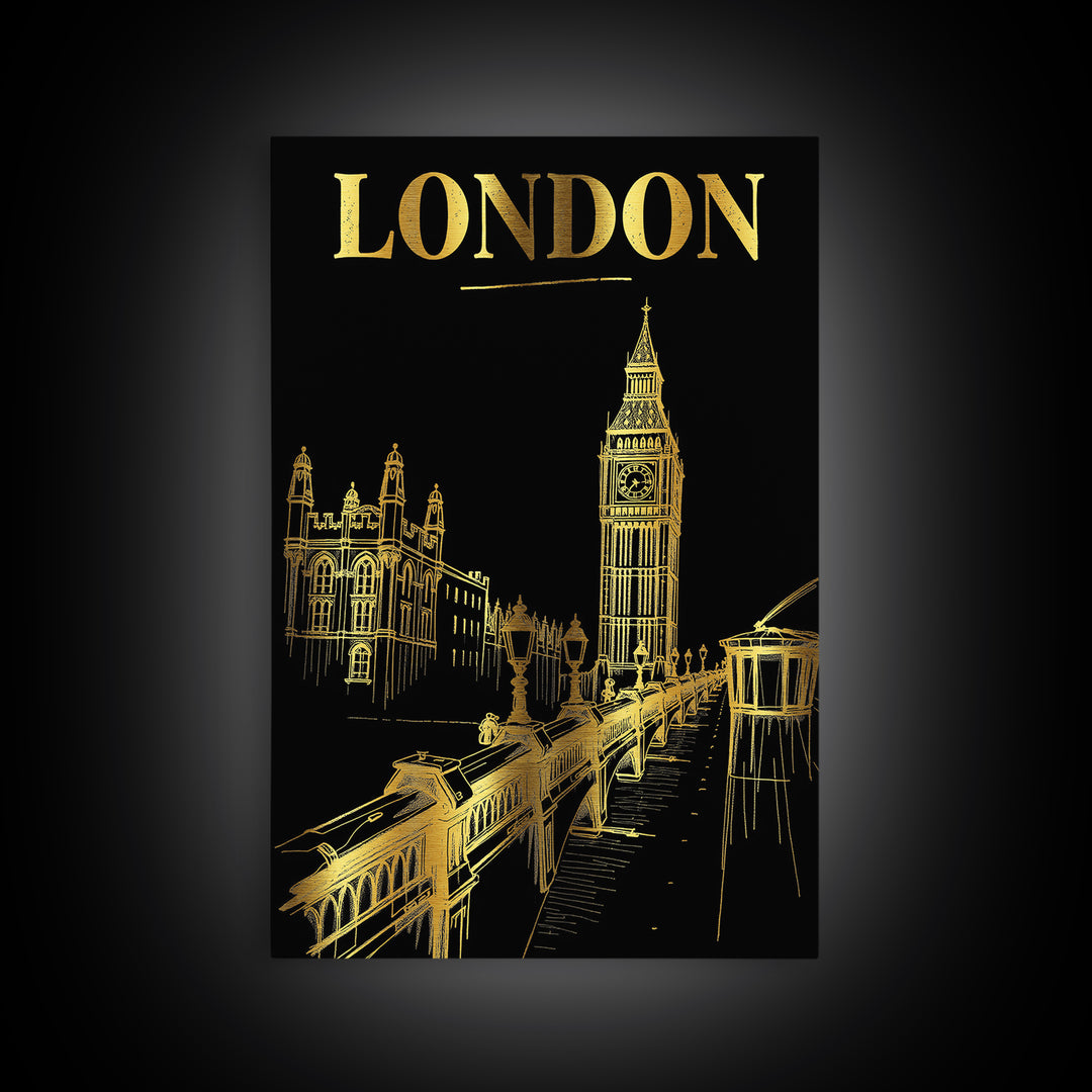 London Travel Poster, Framed Canvas Print, Gold Sketch Wall Art, London Poster Print, Living Room Wall Art, Vintage City Art, Poster Art