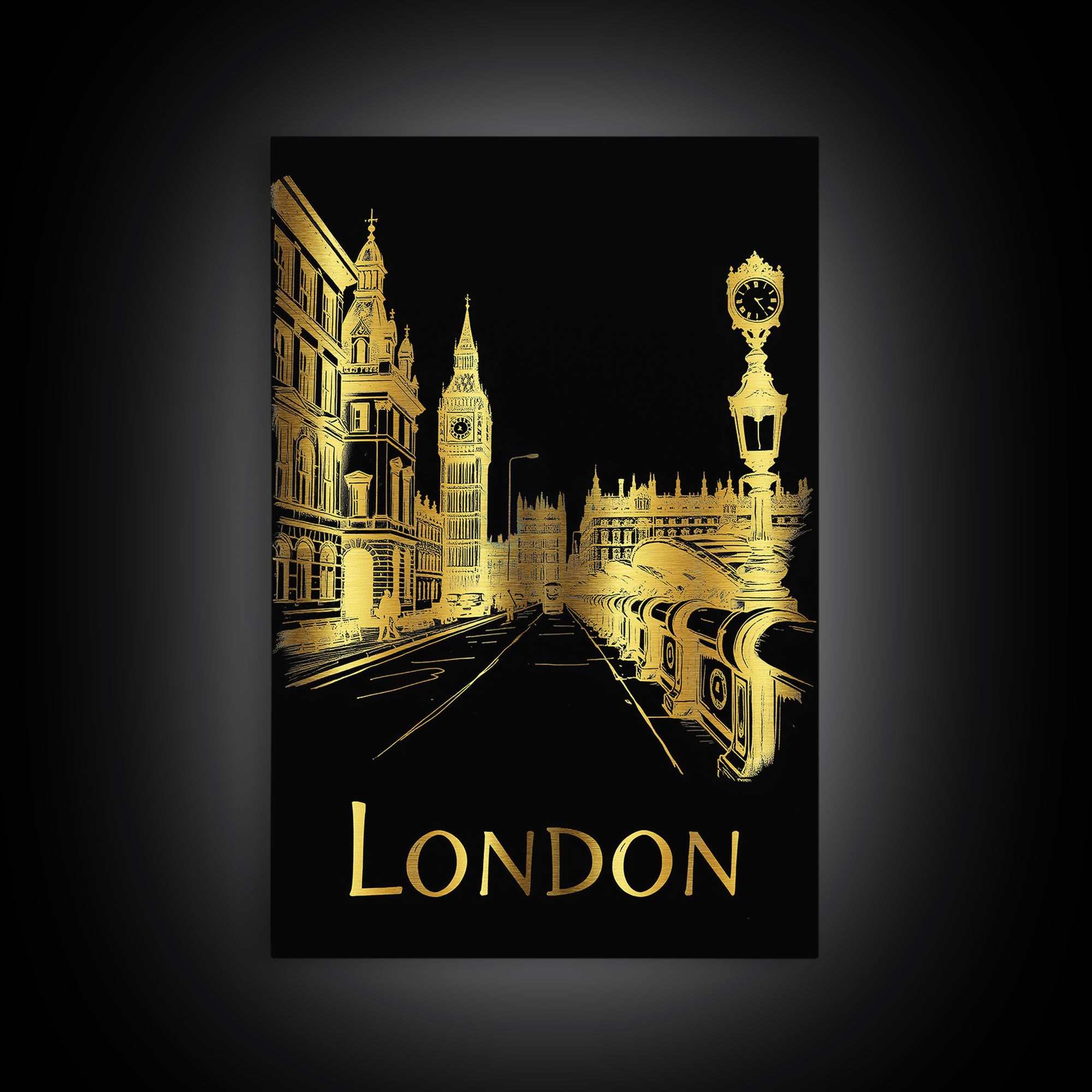 London Travel Poster, Framed Canvas Print, Elegant Gold City Art, London Travel Art, Eclectic Wall Decor, Retro Travel Print, Design 2