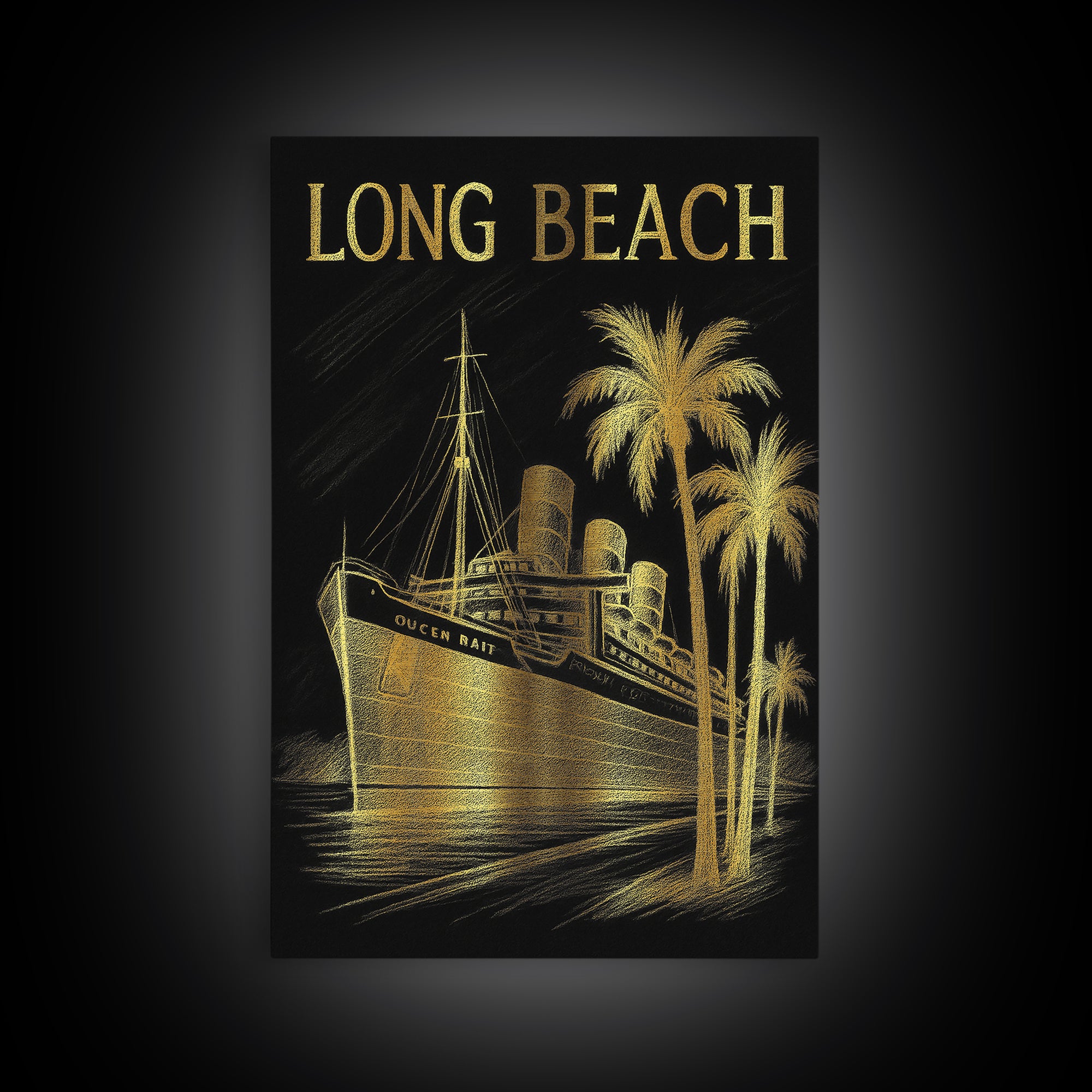 Long Beach California Travel Poster, Canvas Print, Elegant Gold City Art, Long Beach Wall Art, Skyline Art, City Art Print, Wanderlust Decor
