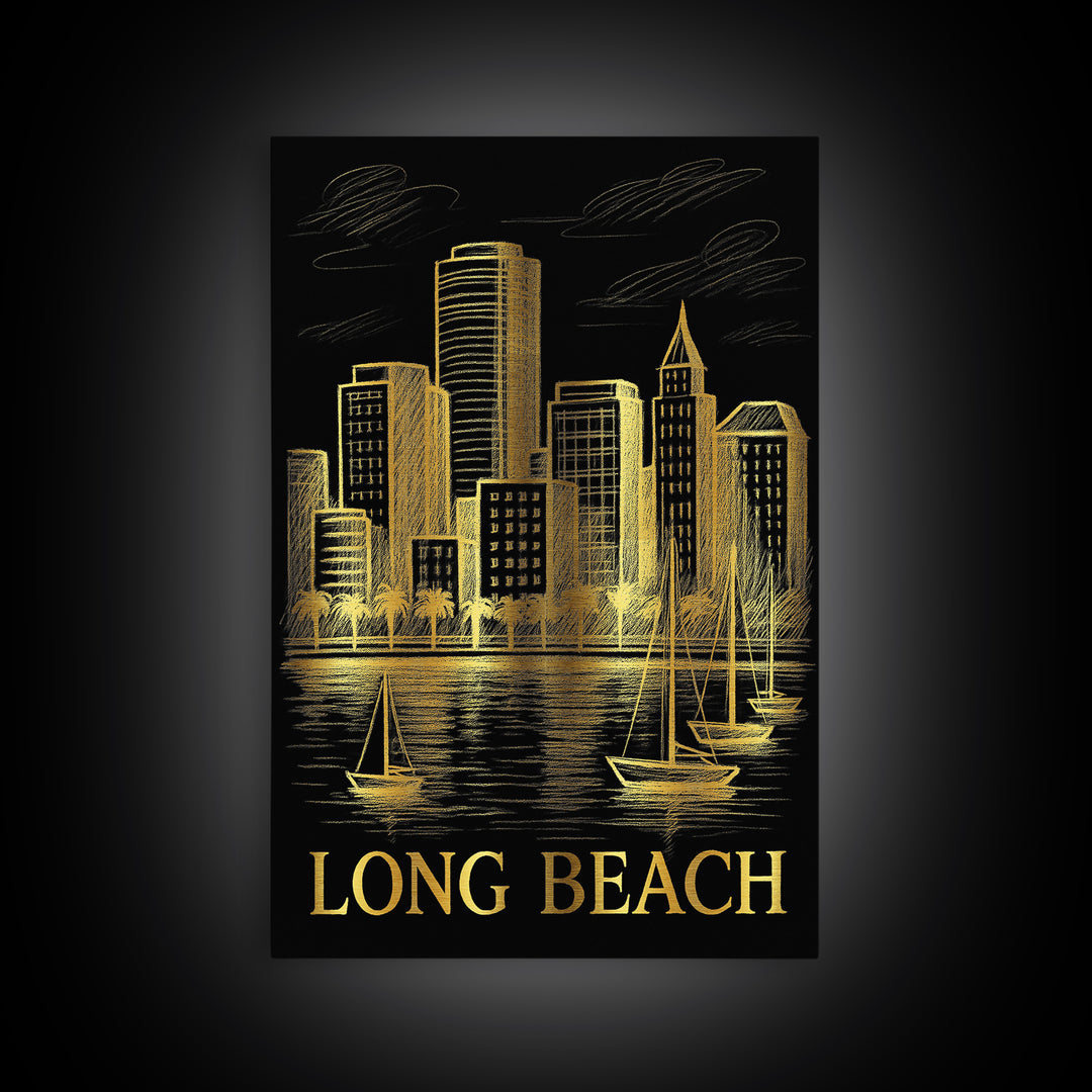 Long Beach Travel Poster, Canvas Print, Elegant Gold City Art, Long Beach Art Print, Watercolor Skyline, Retro Travel Print, Design 2