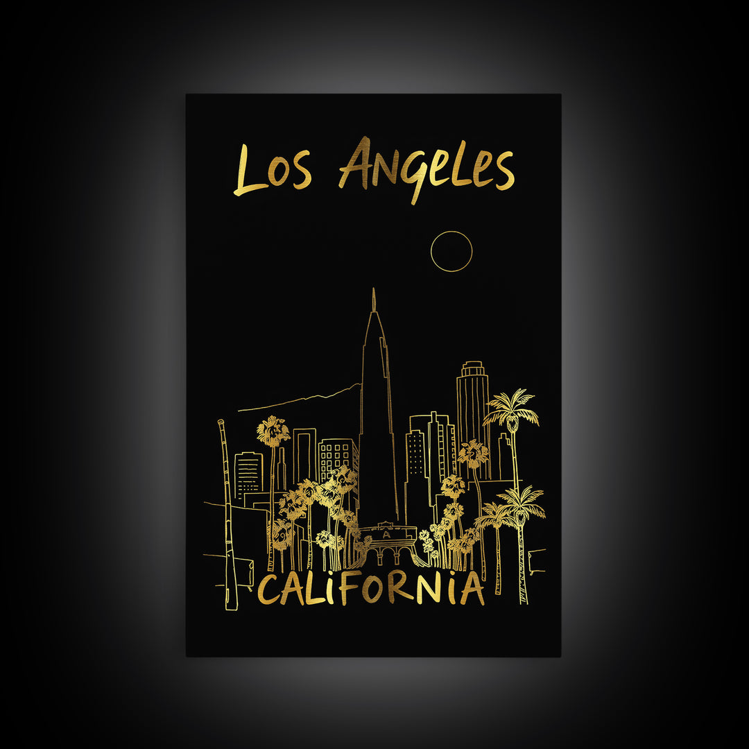 Los Angeles California Travel Poster, Canvas Print, Dark Background Poster Art, Los Angeles Art Print, Watercolor Urban Skyline