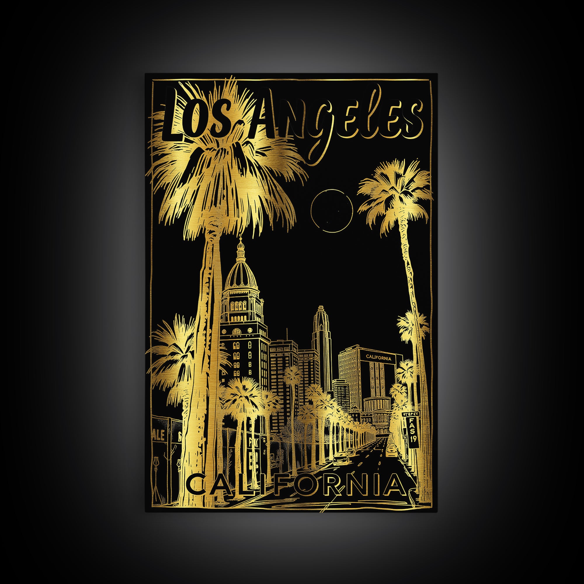 Los Angeles Travel Poster, Canvas Print, Dark Background Poster Art, Los Angeles City Art, Living Room Wall Art, Retro Travel Print