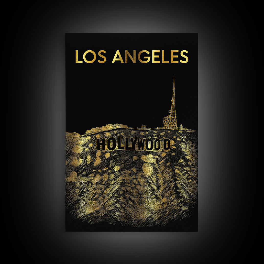 Los Angeles Travel Poster, Canvas Print, Black And Gold Line Art, Los Angeles Poster Print, Mid Century Wall Art, Travel Art Print