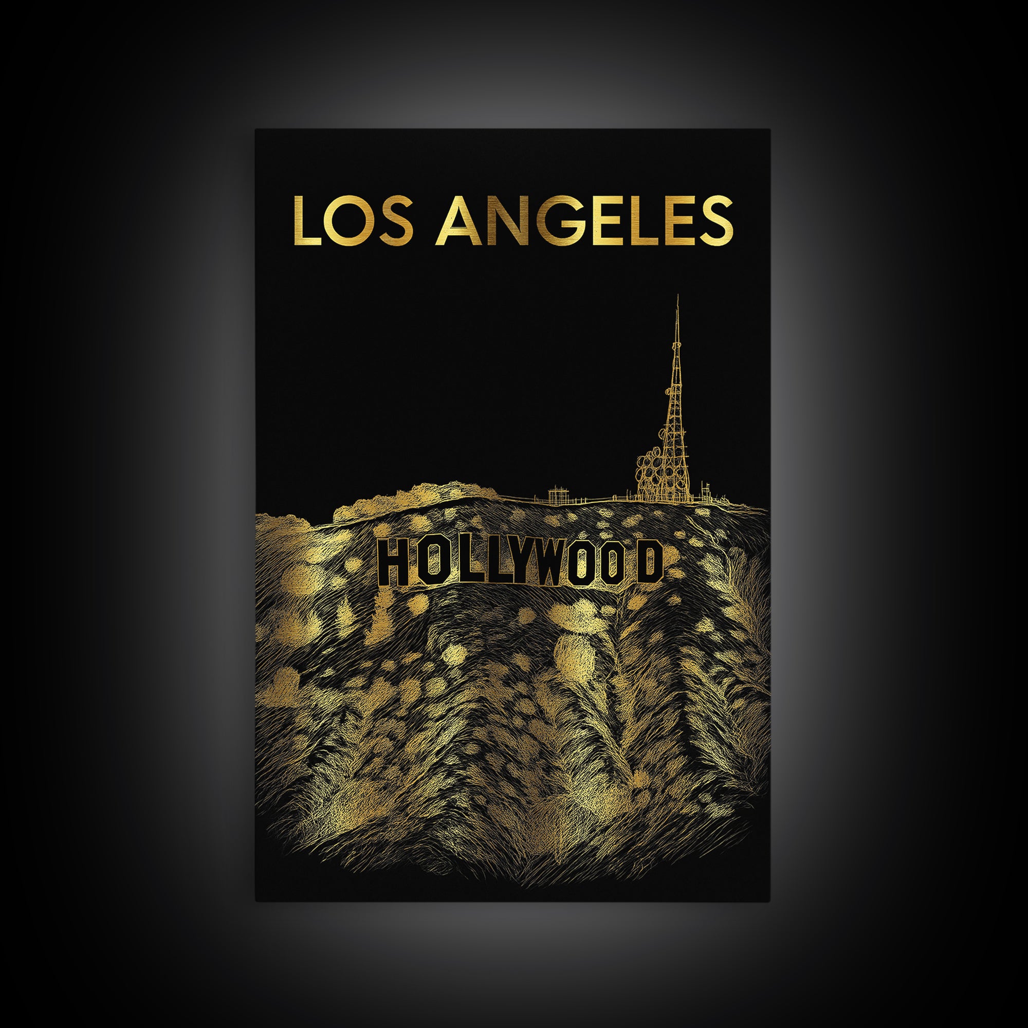Los Angeles Travel Poster, Canvas Print, Black And Gold Line Art, Los Angeles Poster Print, Mid Century Wall Art, Travel Art Print