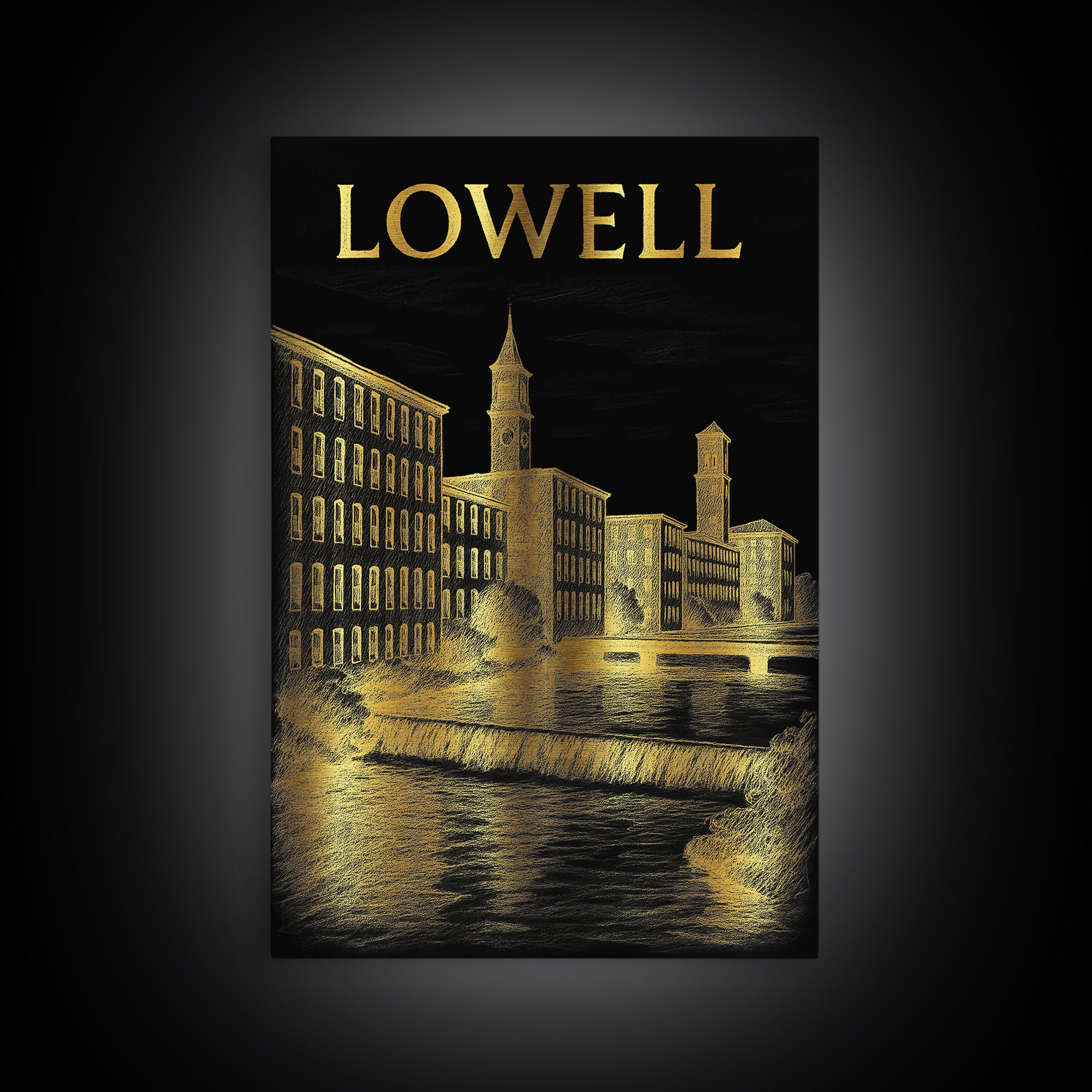 Lowell Massachusetts Travel Poster, Canvas Print, Dark Background Poster Art, Lowell City Art, City Poster, Art Print, Retro Travel Print