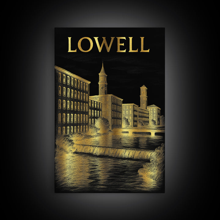 Lowell Massachusetts Travel Poster, Canvas Print, Dark Background Poster Art, Lowell City Art, City Poster, Art Print, Retro Travel Print