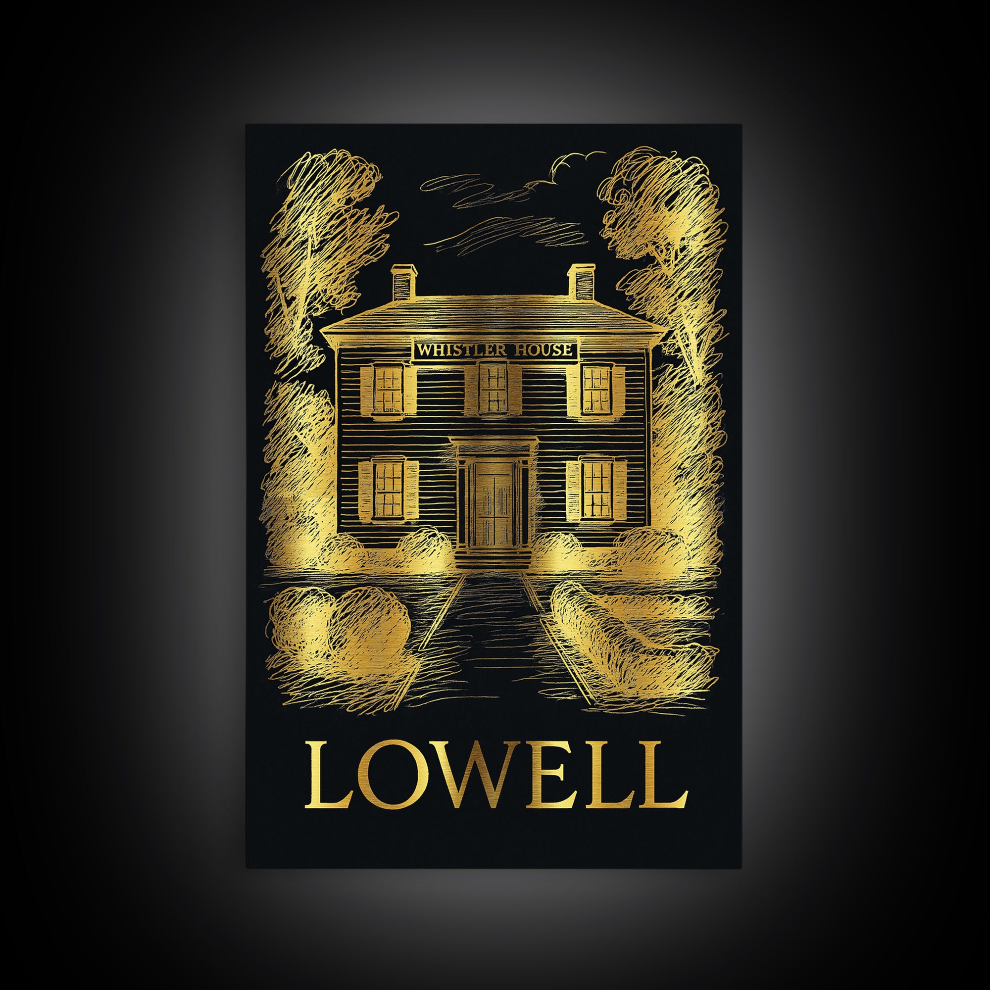 Lowell Travel Poster, Canvas Print, Black And Gold Line Art, Lowell City Art, Travel Wall Art, Eclectic Wall Decor, Gift For Travelers