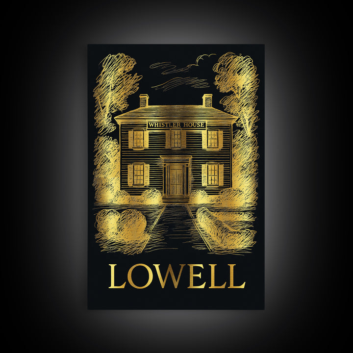 Lowell Travel Poster, Canvas Print, Black And Gold Line Art, Lowell City Art, Travel Wall Art, Eclectic Wall Decor, Gift For Travelers