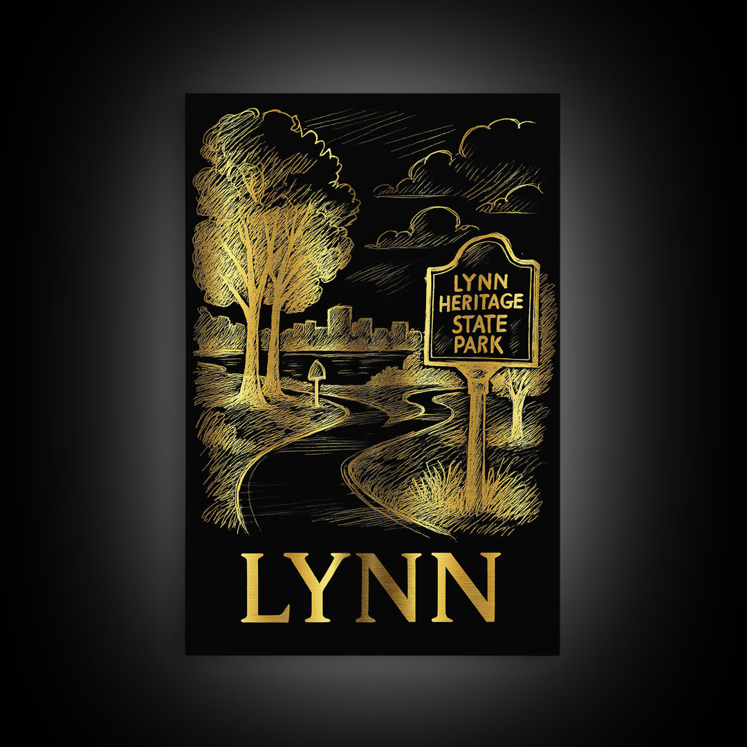 Lynn Travel Poster, Framed Canvas Print, Elegant Gold City Art, Lynn Wall Art, Living Room Wall Art, Home Office Decor, Travel Wall Decor
