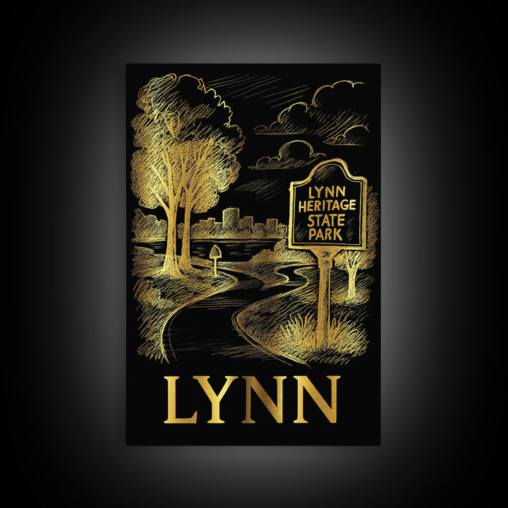 Lynn Travel Poster, Framed Canvas Print, Elegant Gold City Art, Lynn Wall Art, Living Room Wall Art, Home Office Decor, Travel Wall Decor