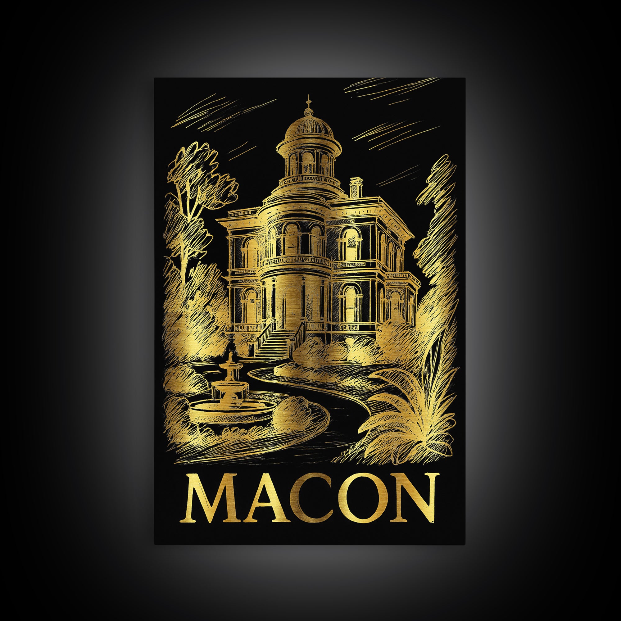 Macon Travel Poster, Framed Canvas Print, Black And Gold Line Art, Macon Wall Art, Travel Poster Art, Living Room Wall Art, City Art Print