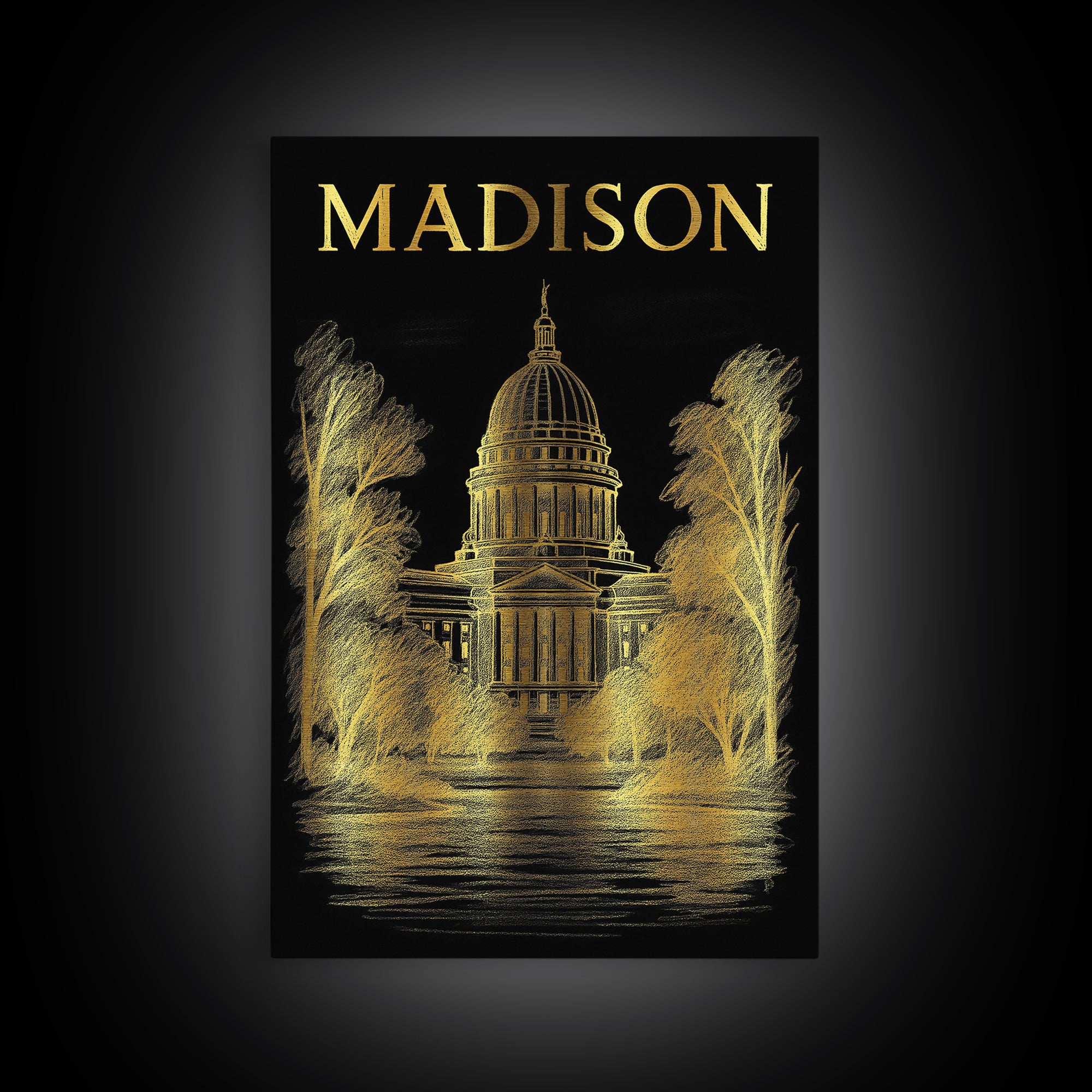 Madison Wisconsin Travel Poster, Canvas Print, Elegant Gold City Art, Madison City Art, Travel Art Print, City Art Print, Retro Travel Print