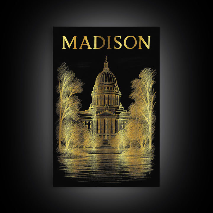 Madison Wisconsin Travel Poster, Canvas Print, Elegant Gold City Art, Madison City Art, Travel Art Print, City Art Print, Retro Travel Print