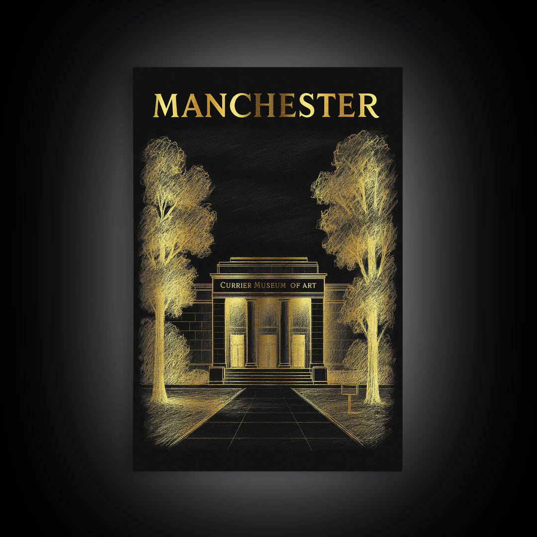 Manchester New Hampshire Travel Poster, Canvas Print, Black And Gold Line Art, Manchester Wall Art, Art Print, Wall Decor, Travel Poster Set