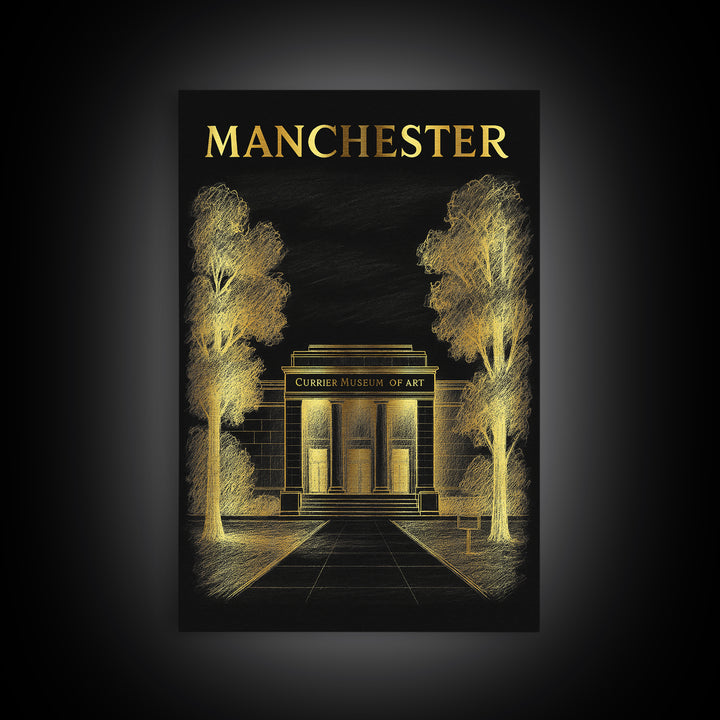 Manchester New Hampshire Travel Poster, Canvas Print, Black And Gold Line Art, Manchester Wall Art, Art Print, Wall Decor, Travel Poster Set