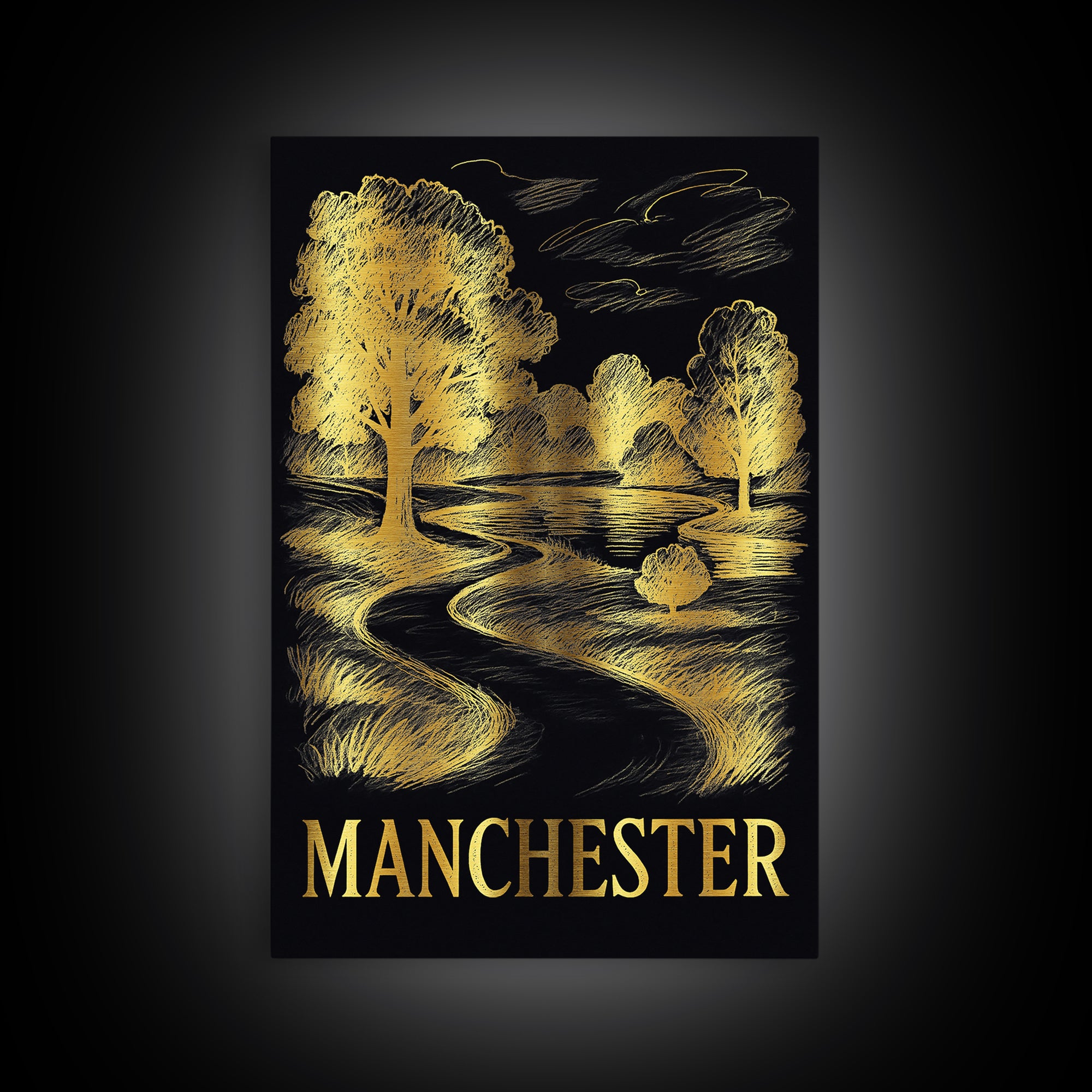 Manchester Travel Poster, Framed Canvas Print, Black And Gold Line Art, Manchester Art Print, Living Room Wall Art, Vintage Travel Print