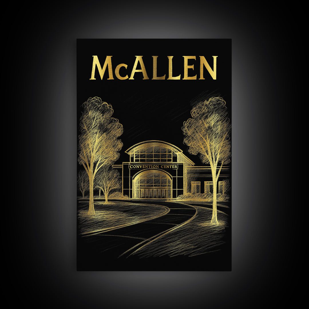 Mcallen Texas Travel Poster, Framed Canvas Print, Black And Gold Line Art, Mcallen Poster Print, Wanderlust Decor, Living Room Wall Art