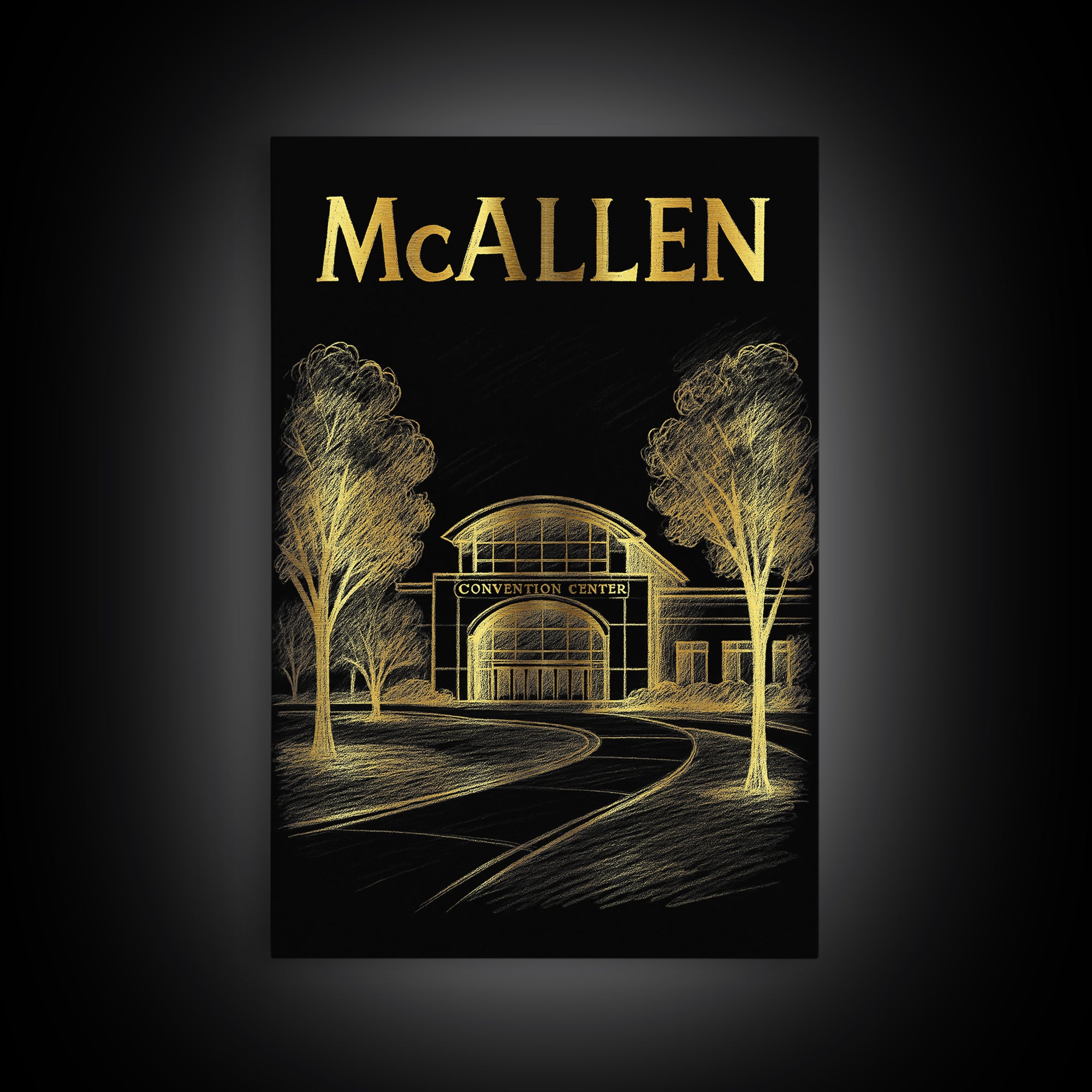 Mcallen Texas Travel Poster, Framed Canvas Print, Black And Gold Line Art, Mcallen Poster Print, Wanderlust Decor, Living Room Wall Art