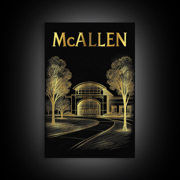 Mcallen Texas Travel Poster, Framed Canvas Print, Black And Gold Line Art, Mcallen Poster Print, Wanderlust Decor, Living Room Wall Art