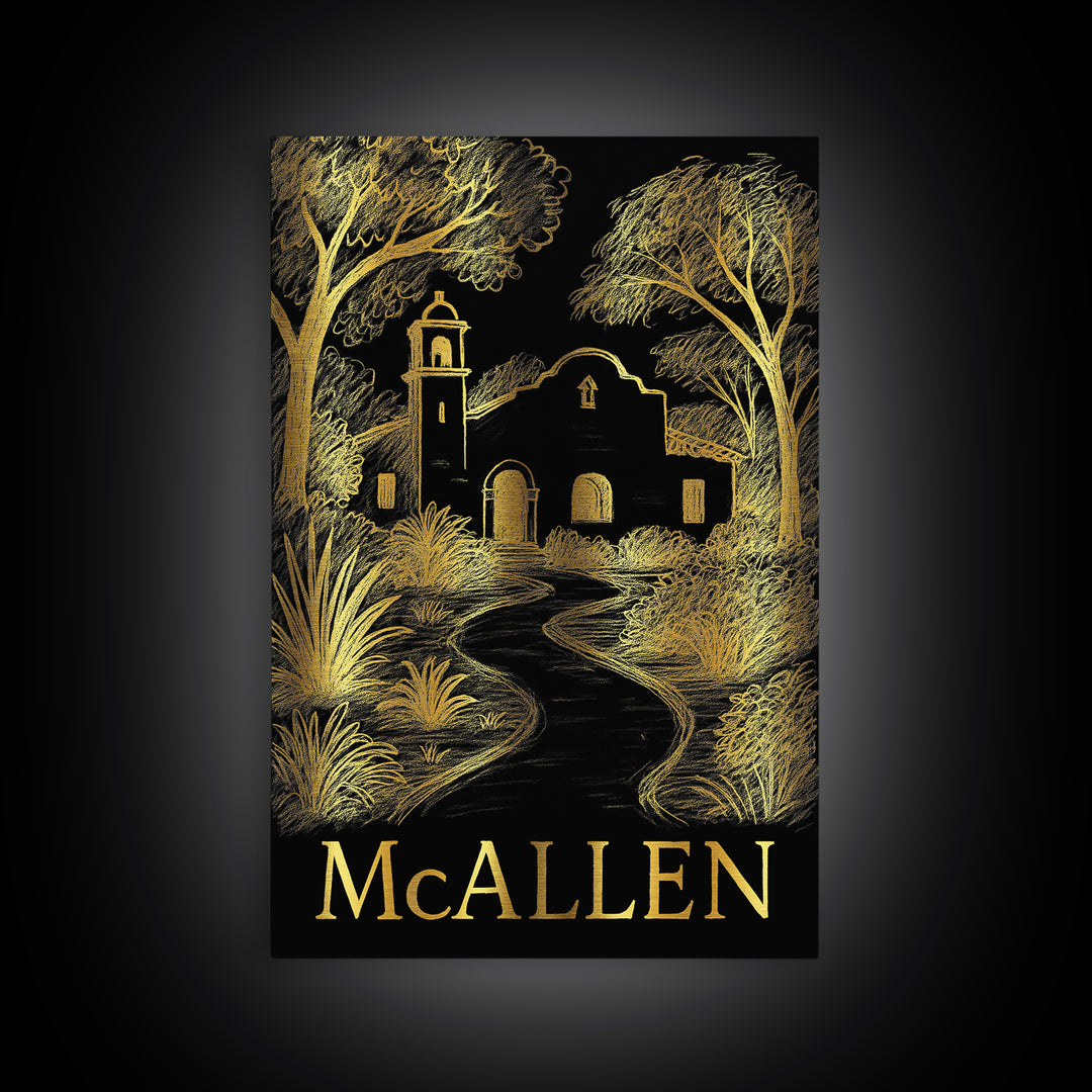 Mcallen Travel Poster, Framed Canvas Print, Black And Gold Line Art, Mcallen Travel Art, Fine Art Print, Travel Wall Decor, Retro Poster