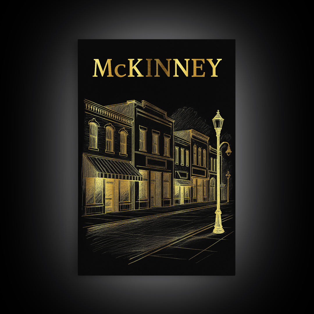 Mckinney Texas Travel Poster, Canvas Print, Elegant Gold City Art, Mckinney Wall Art, Fine Art Print, City Illustration, Vintage Travel Art