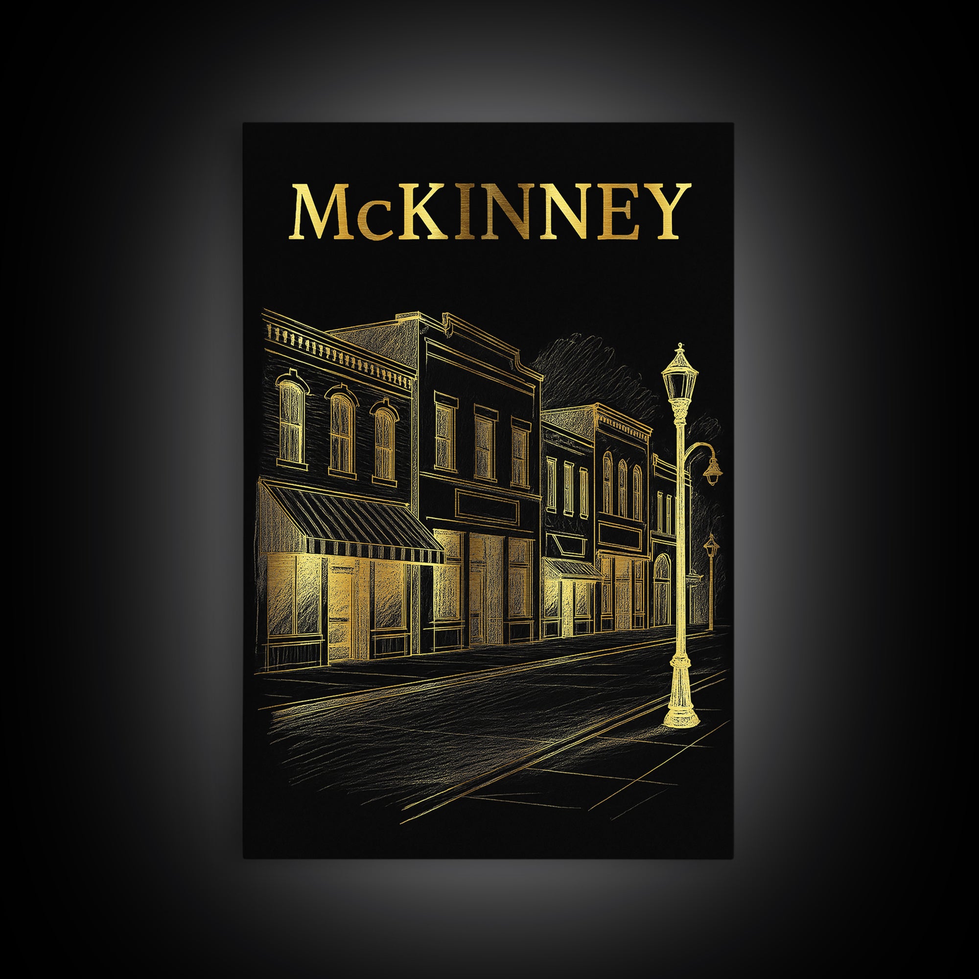 Mckinney Texas Travel Poster, Canvas Print, Elegant Gold City Art, Mckinney Wall Art, Fine Art Print, City Illustration, Vintage Travel Art