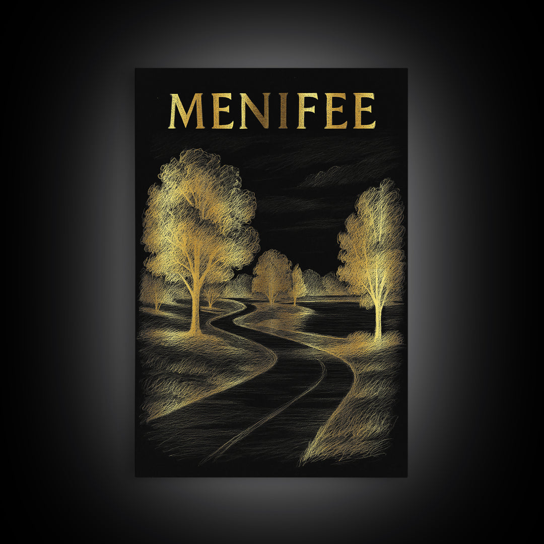 Menifee California Travel Poster, Canvas Print, Black And Gold Line Art, Menifee Art Print, Travel Prints, Vintage City Art, Travel Wall Art
