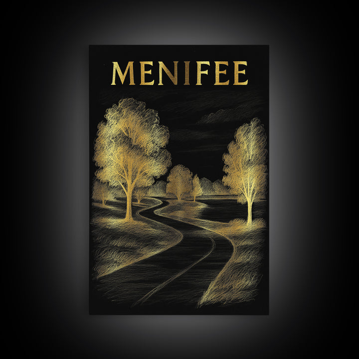 Menifee California Travel Poster, Canvas Print, Black And Gold Line Art, Menifee Art Print, Travel Prints, Vintage City Art, Travel Wall Art