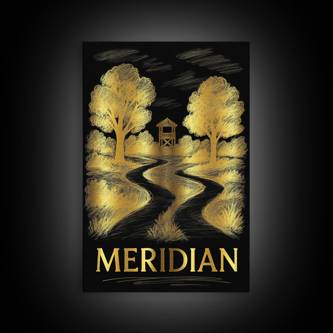 Meridian Travel Poster, Framed Canvas Print, Gold Sketch Wall Art, Meridian Wall Art, City Travel Prints, Vintage Travel Print