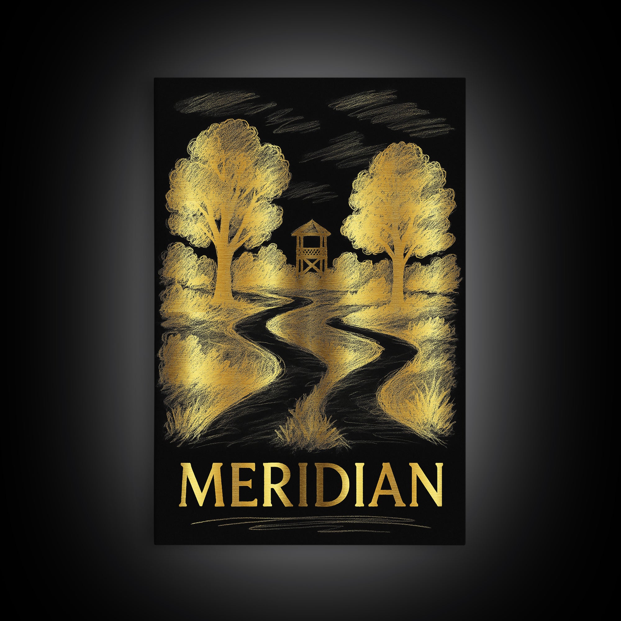 Meridian Travel Poster, Framed Canvas Print, Gold Sketch Wall Art, Meridian Wall Art, City Travel Prints, Vintage Travel Print