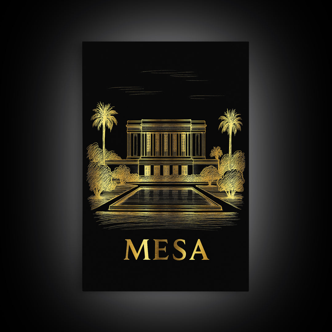 Mesa Travel Poster, Framed Canvas Print, Elegant Gold City Art, Mesa Wall Art, Travel Art Print, Vintage Travel Art, Vintage Travel Print