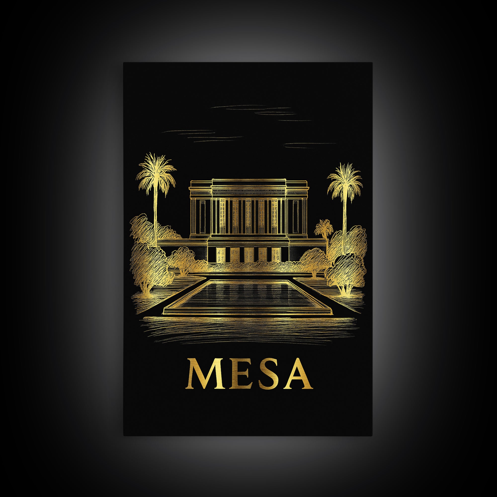 Mesa Travel Poster, Framed Canvas Print, Elegant Gold City Art, Mesa Wall Art, Travel Art Print, Vintage Travel Art, Vintage Travel Print