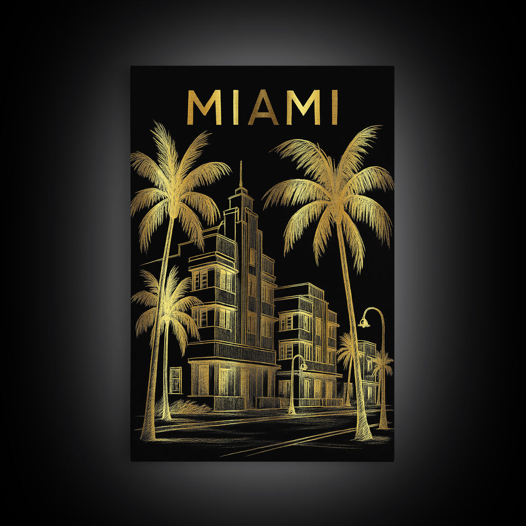 Miami Florida Travel Poster, Canvas Print, Dark Background Poster Art, Miami Wall Art, Travel Art Print, Vintage City Art