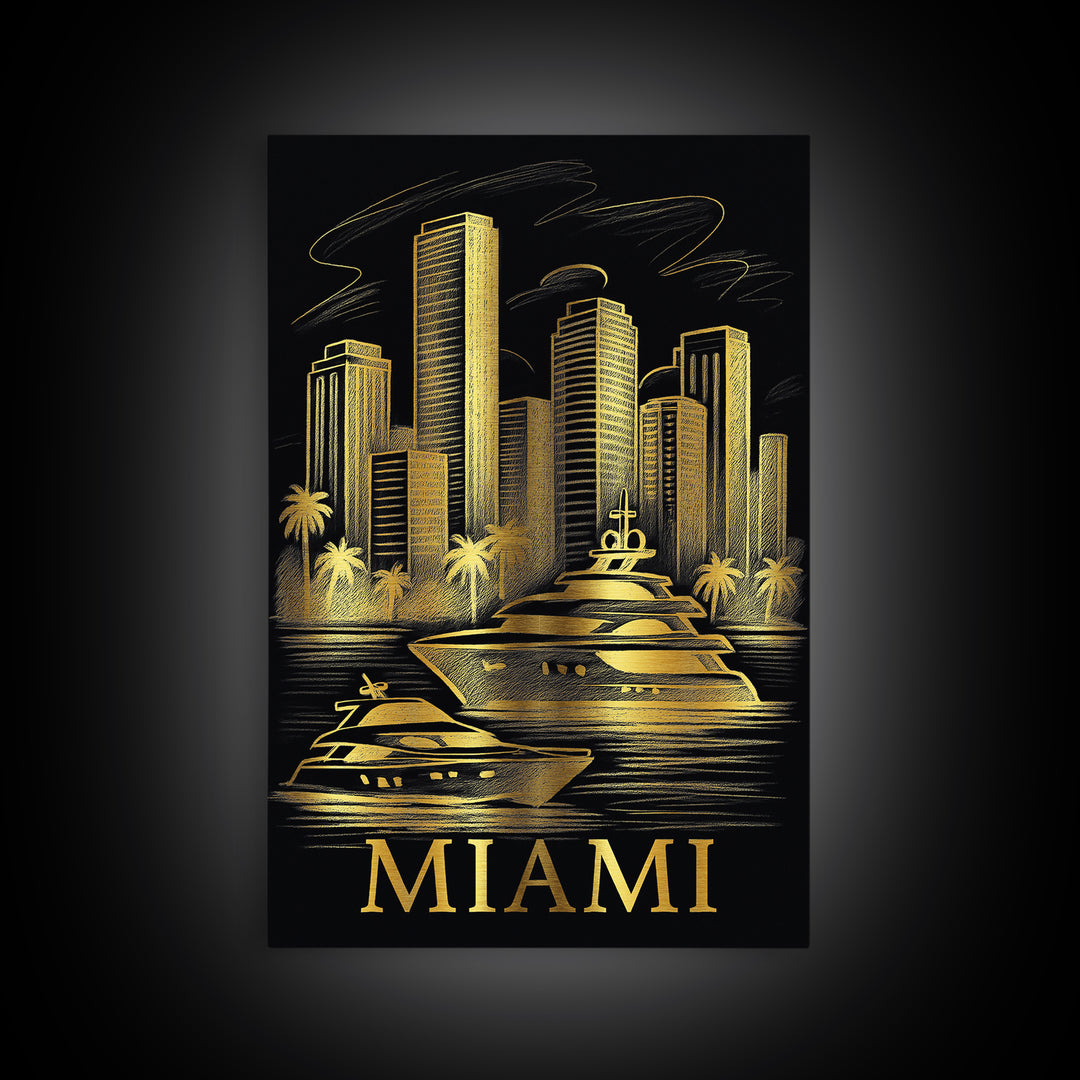 Miami Travel Poster, Framed Canvas Print, Elegant Gold City Art, Miami Travel Art, Fine Art Print, Gift For Travelers, City Art Print