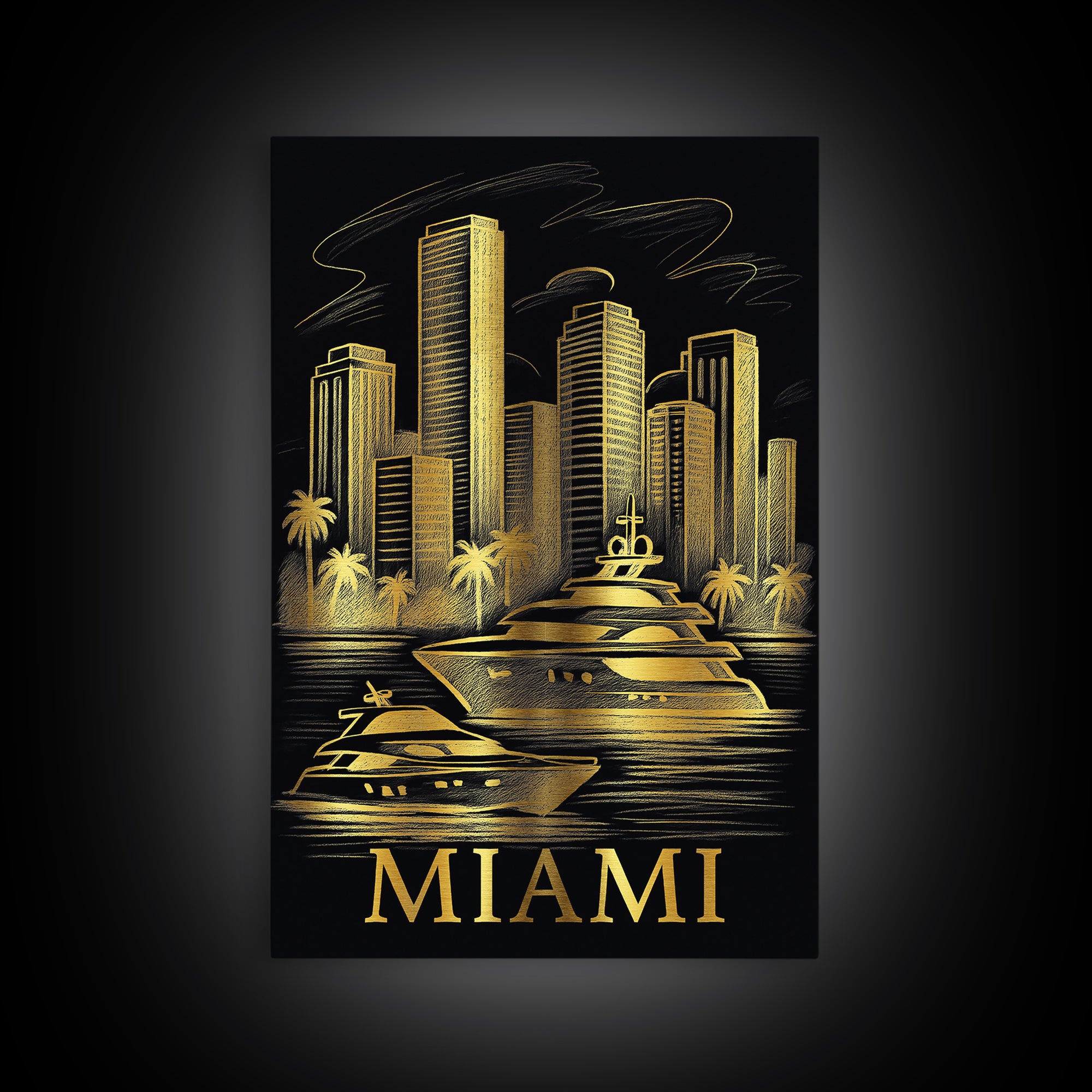 Miami Travel Poster, Framed Canvas Print, Elegant Gold City Art, Miami Travel Art, Fine Art Print, Gift For Travelers, City Art Print