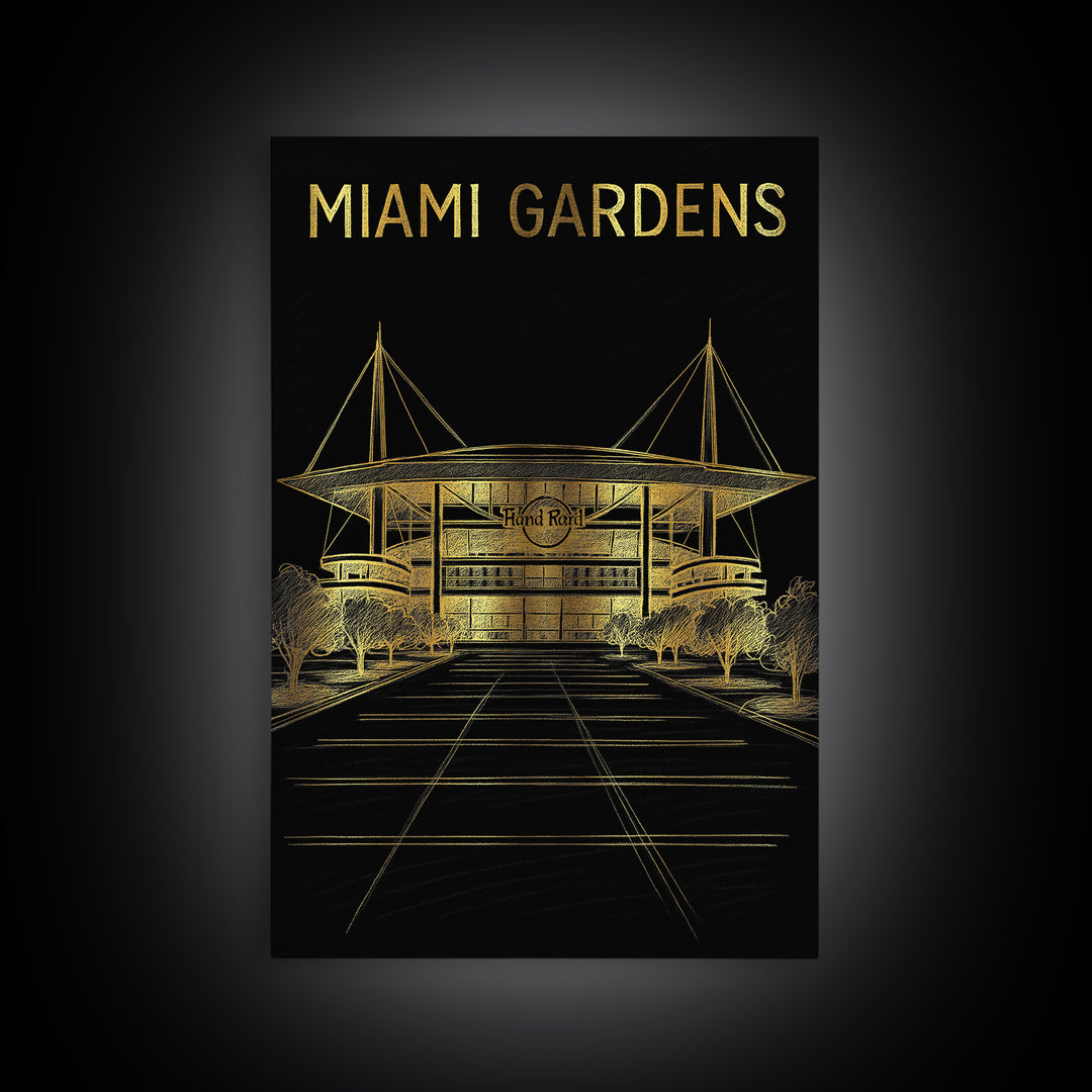 Miami Gardens Florida Travel Poster, Canvas Print, Black And Gold Line Art, Miami Gardens City Art, Retro Travel Print, Modern Wall Decor
