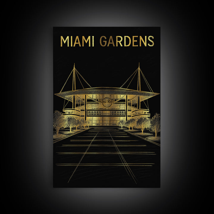 Miami Gardens Florida Travel Poster, Canvas Print, Black And Gold Line Art, Miami Gardens City Art, Retro Travel Print, Modern Wall Decor