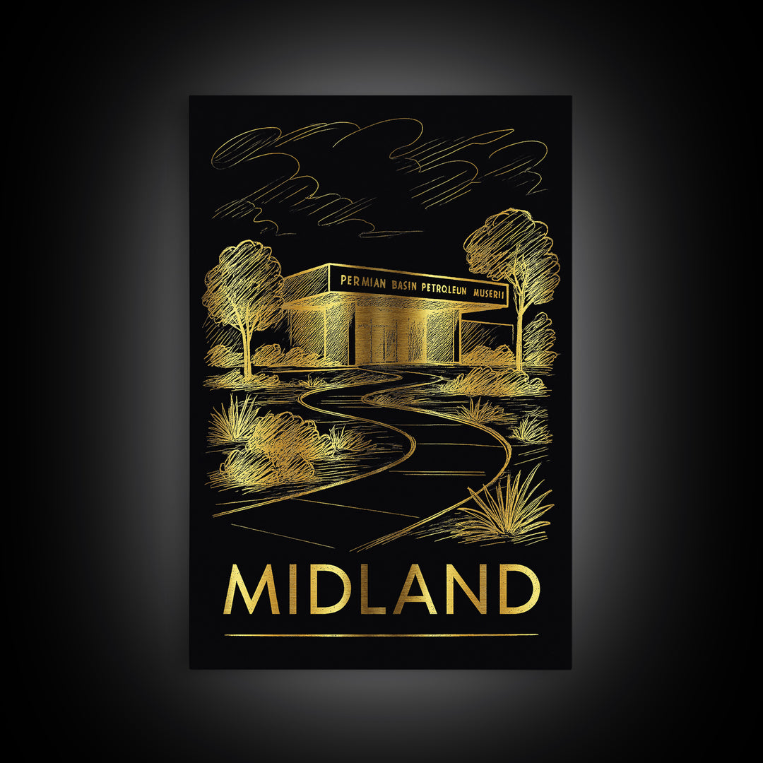 Midland Travel Poster, Framed Canvas Print, Dark Background Poster Art, Midland City Art, Vintage City Art, Vintage City Poster