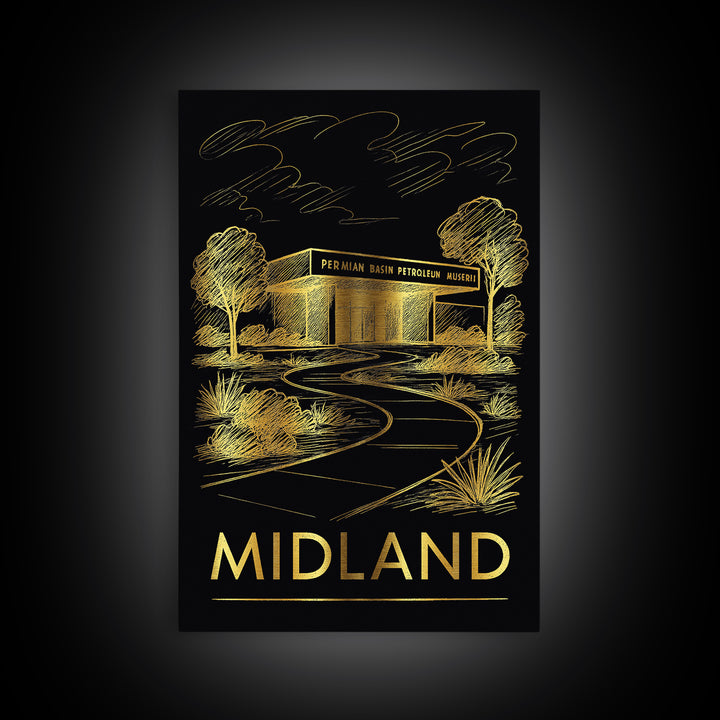 Midland Travel Poster, Framed Canvas Print, Dark Background Poster Art, Midland City Art, Vintage City Art, Vintage City Poster