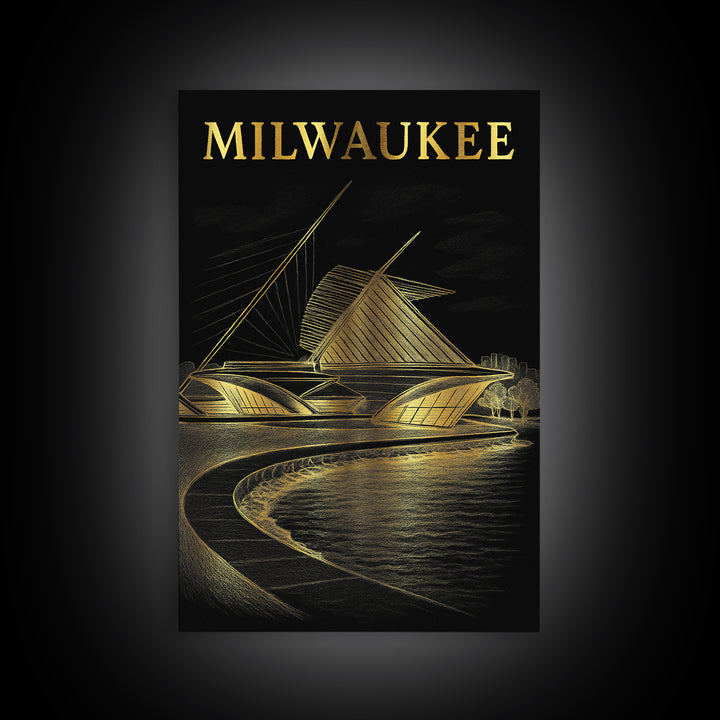 Milwaukee Wisconsin Travel Poster, Canvas Print, Elegant Gold City Art, Milwaukee Poster Print, Mid Century Wall Art, Vintage Travel Art