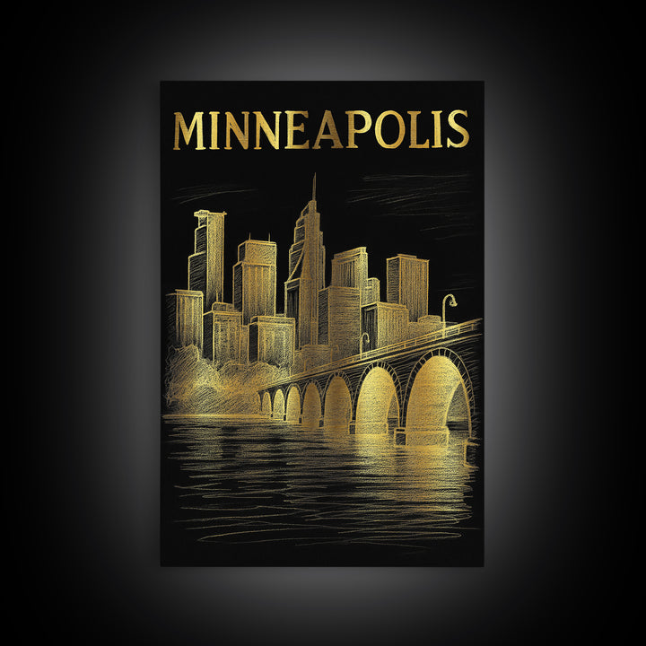 Minneapolis Minnesota Travel Poster, Canvas Print, Black And Gold Line Art, Minneapolis Wall Art, Travel Wall Art, Office Decor