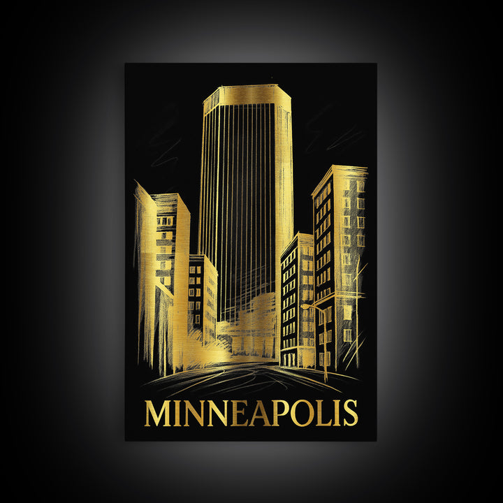 Minneapolis Travel Poster, Framed Canvas Print, Gold Sketch Wall Art, Minneapolis City Art, Gift For Travelers, Travel Wall Decor